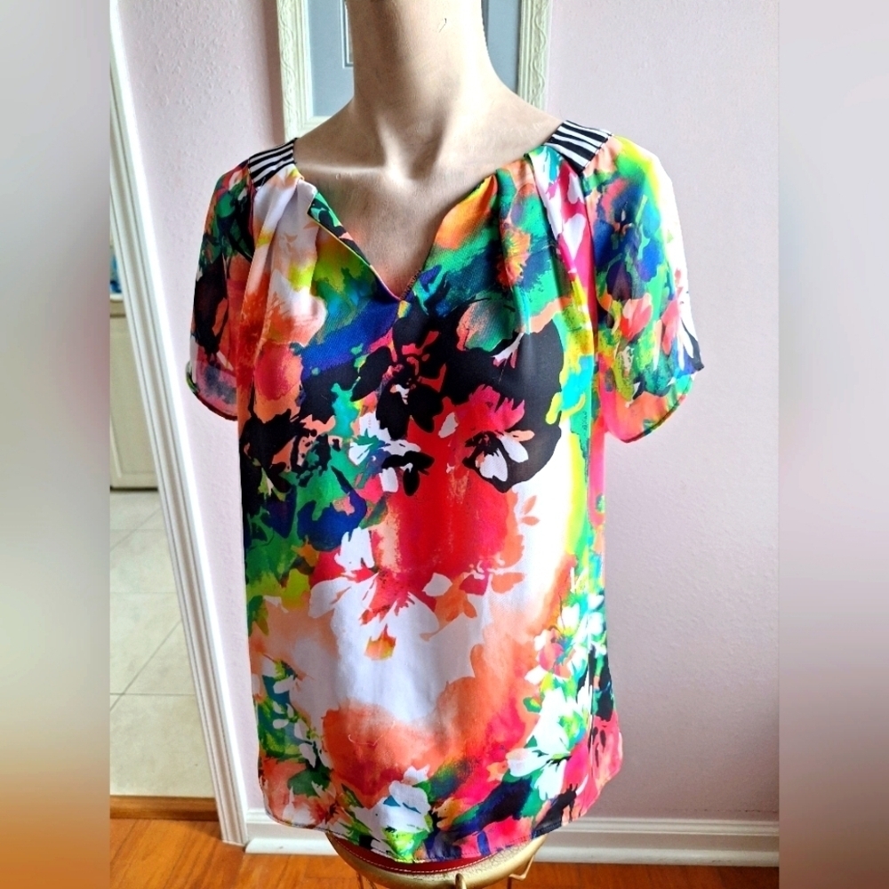 JCPenney Worthington Floral Print Black White Stripe Henley Neck Blouse Petite L